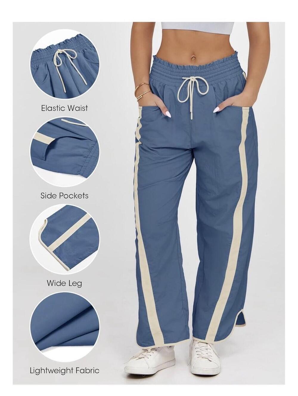 Womens Wide Leg Pants Baggy Drawstring Elastic Waist Stripe Casual Sz Lg- NWT